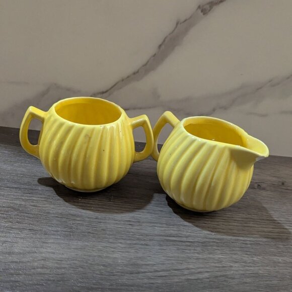 Vintage Retro Sunny Yellow Ribbed Ceramic Sugar Bowl & Creamer Set Two Handles - Picture 5 of 7